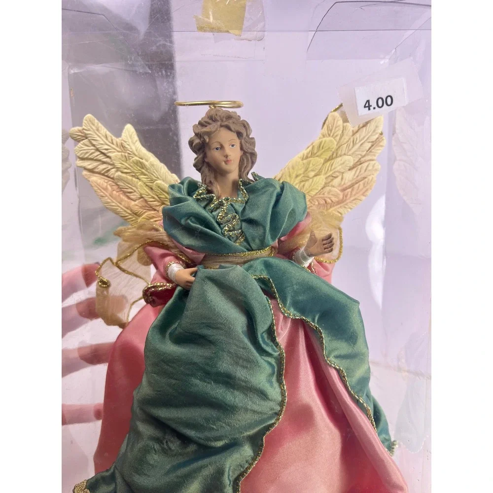 Vintage Angel Tree Topper Figurine Gold Wings Teal‎ Pink Dress Christmas Decor
